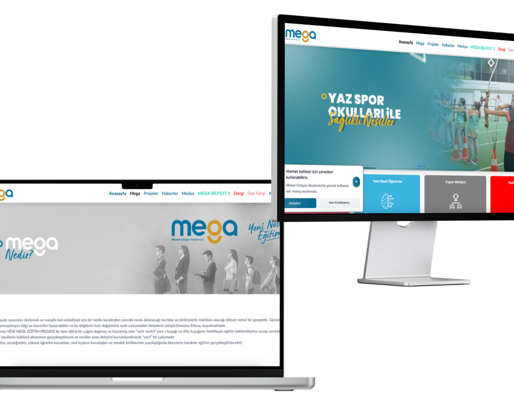 Meram Gelişim Akademi için hazırlanan web sitesine ait masaüstü ekran görüntüsü; kurumsal kimlik sayfası ve eğitim içeriklerinin yönetildiği panel arayüzüyle birlikte.