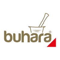 Buhara markasına ait web ve mobil projelerde kullanılan, kahverengi yazı tipine sahip, alışveriş arabası figürü ve kırmızı üçgen detay içeren kurumsal logo tasarımı.