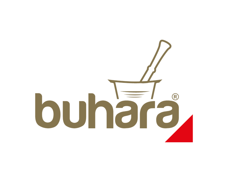 Buhara markasına ait web ve mobil projelerde kullanılan, kahverengi yazı tipine sahip, alışveriş arabası figürü ve kırmızı üçgen detay içeren kurumsal logo tasarımı.
